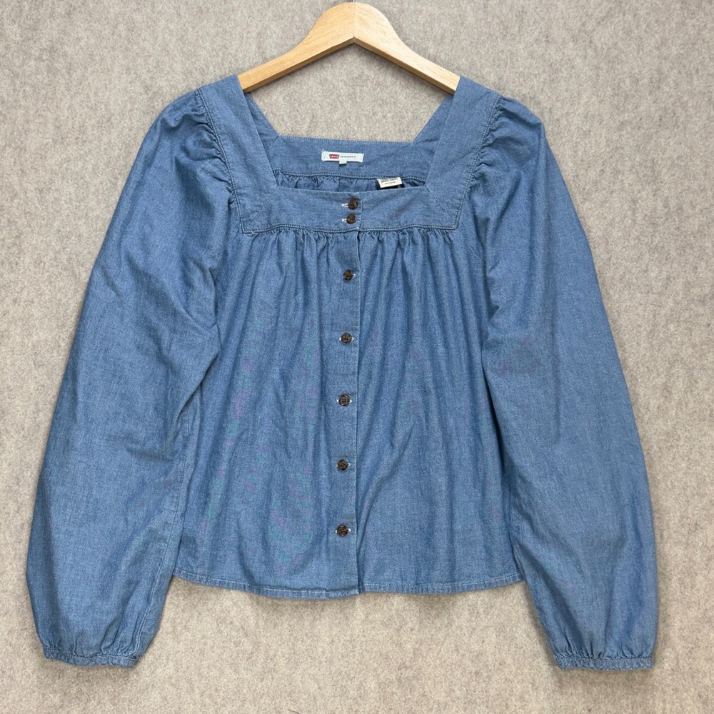 Levi's Denim Shirt Womens XL Blue Boho Cottagecore Western Cotton Square Neck